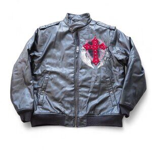 Raw Blue Vintage Y2K "Royal Dignity- Cross" Faux Leather Bomber Jacket Men's XL